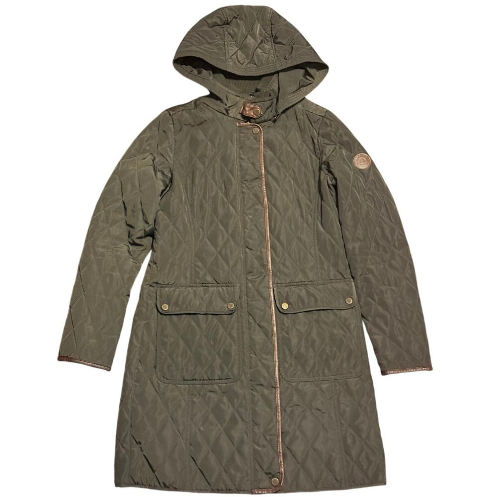 Lauren Ralph Lauren Quilted Parka Jacket Hooded Olive Green Elbow Patch XS